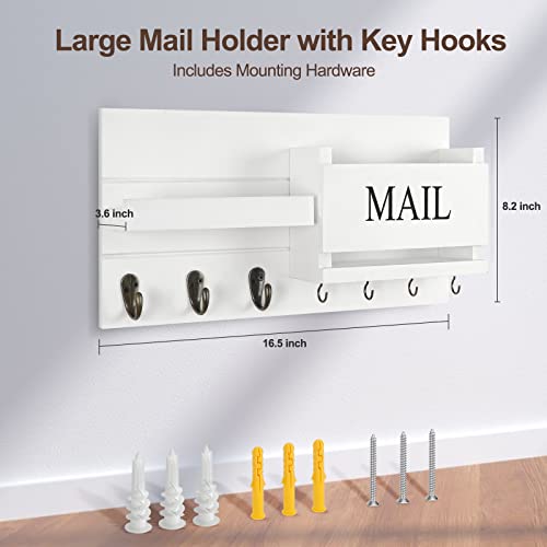 Lwenki Mail Organizer for Wall Mount – Key Holder with Shelf Includes Letter Holder and Hooks for Hallway Farmhouse Decor – Rustic Wood with Flush Mounting Hardware (16.5” x 9.1” x 3.4”) (White) by Lwenki - Image 8