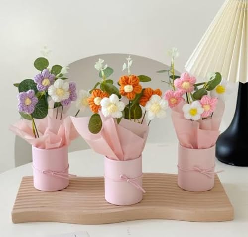 Image of 1pcs Artificial Crochet Flower Bouquet Flowers Bunch Gift for Girls Home Decor Gifting with Handmade Yarn Knitted Floral & Office Cute Decorative Item Woolen Women Decor (Design 1)