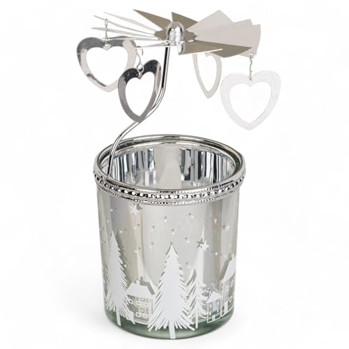 MIJOMA Carrousel rotatif pour bougie chauffe-plat de Noël - Porte-bougie rotatif en métal - Mini pyramide - 12 cm (Argent - Verre votif et cœur)