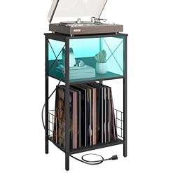Sthmec 3 Tiers End Table with Charging Station, LED Side Small Table Turntable for Vinyl Storage, Records Shelf for Albums, Vinyl Holder Shelf Tables for Living Room, Bedroom Black - Les Beatles, Paul McCartney, John Lennon, RIngo Starr, George Harrison