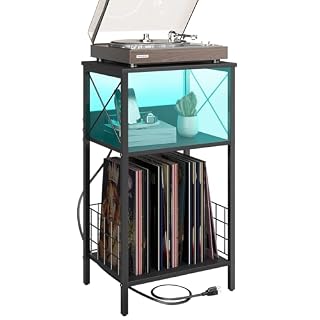 Sthmec 3 Tiers End Table with Charging Station, LED Side Small Table Turntable for Vinyl Storage, Records Shelf for Albums, Vinyl Holder Shelf Tables for Living Room, Bedroom Black - Les Beatles, Paul McCartney, John Lennon, RIngo Starr, George Harrison