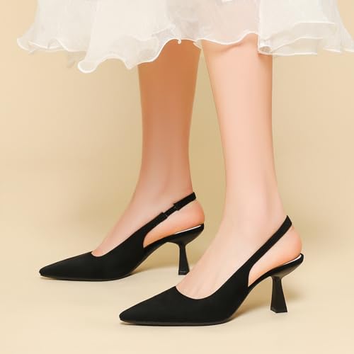 Womens Suede Pointed Toe Kitten Heels Pumps Fashion Solid Color Elastic Ankle Strap Low Heel Slingback Shoes Proms Daily Classic Office Lady Dress Shoes4
