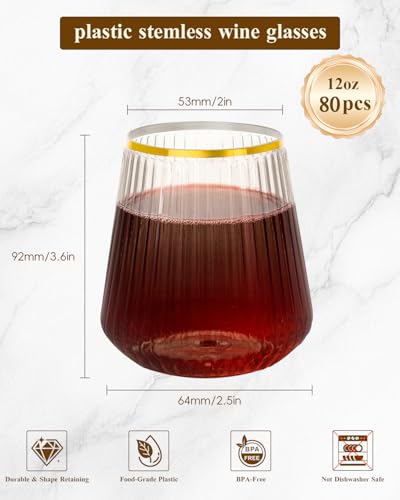 Image of Goodluck 80 Pack 12oz Stemless Clear Ribbed Plastic Wine Glasses Gold Rim | Fancy Reusable Disposable Drinkware for Weddings, Parties, Bars, Indoor and Outdoor Events
