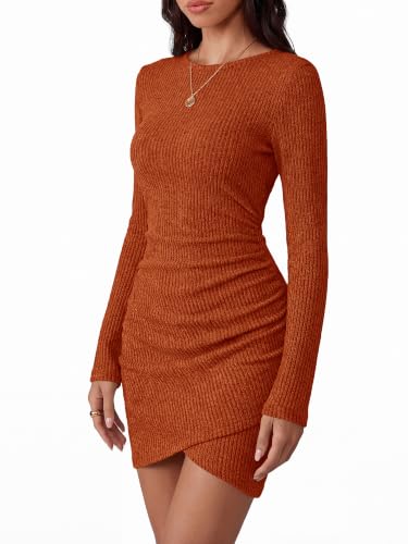 BTFBM Womens Long Sleeve Bodycon Mini Dress,Brick Red,M — view 5
