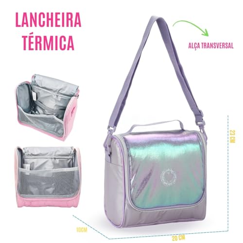 Kit Escolar Feminino de Moda Teen, Mochila com Rodinhas + Lancheira Térmica com Alça Transversal + E