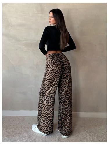 GORGLITTER Women's Leopard Cheetah Print Pants Baggy Wide Leg Flare Pants with Pockets2