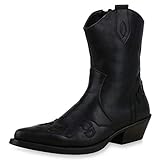  SCARPE VITA Herren Cowboy Boots Prints Profilsohle Leder-Optik Schuhe Stickerein 172461 Schwarz Total 40