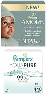 Pampers Amore, Size 0 (up to 10 lbs), 128 Count, and Aqua Pure Baby Wipes, 99% Water, Fragrance Free, Unscented, Water Based, Multi-Use, 448 Wipes Total (8X Flip-Top Packs) [Packaging May Vary]