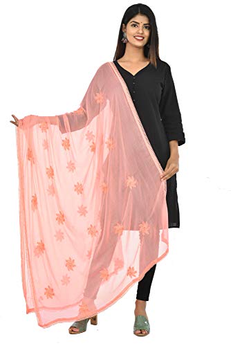 Image of YOUTHQUAKE Flower Embroidered Diamond Work Chiffon Dupatta for Womens & Girls With 4 Side Lace