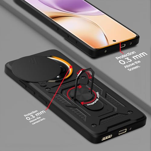 Image of Pikkme Back Cover for Realme P3 Pro 5G / Realme 14 Pro Plus 5G | 360 Protection Case | Sliding Camera Shield Cover & Ring Holder Stand D10 Tough Armor Bumper Case (Black)