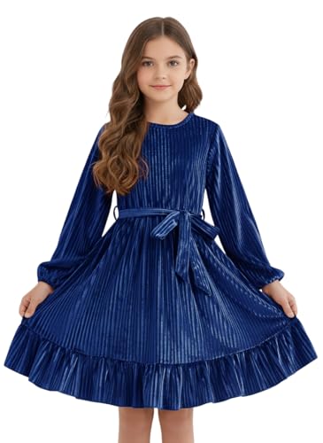 Vestido de terciopelo manga larga con cintura alta y cinturón ajustable para niñas