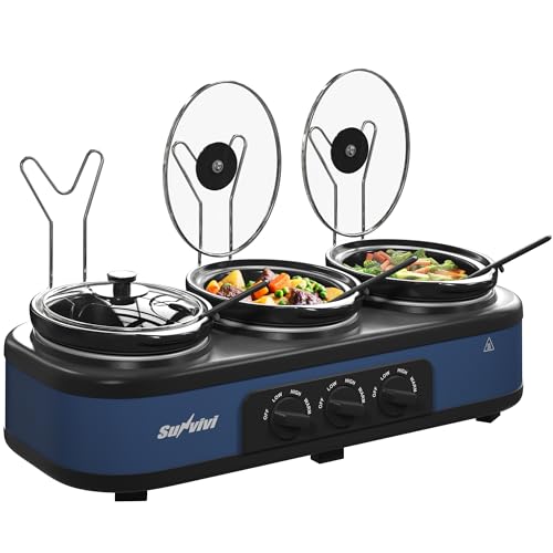 SUNVIVI Triple Slow Cooker, Buffet Food Warmer with 3 x 1.5 QT Removable Ceramic Pots, Buffet Servers and Warmers with Glass Lids and 3 Spoons, Stainless Steel, Blue