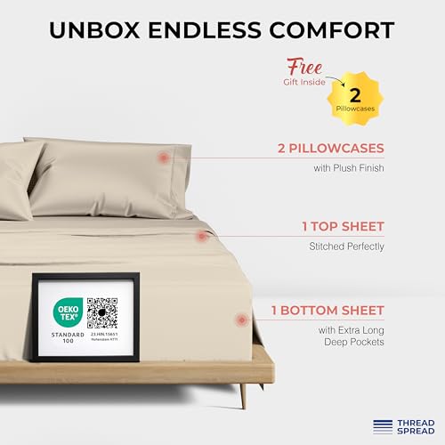 Image of THREAD SPREAD 100% Egyptian Cotton Sheets Queen Size - 1200 Series 4 PC Queen Sheet Set Egyptian Cotton, Sateen Weave Luxury Sheets Queen Size, High Thread Count Sheets, 17 inch Deep Pocket - Beige