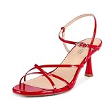 wetkiss Patent Red Heels for Women - Strappy Heels Low Kitten Sandals Comfortable Sandals Round Open Toe for Going Out Dressy Dancing Adjustable Ankle Strap, Patent Red, Size 7