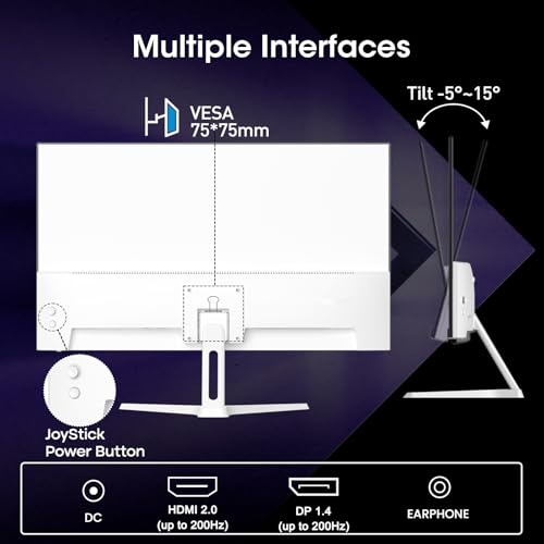 Amzfast 24 Inch Gaming Monitor 200Hz FHD 1080p Fast IPS Computer Monitor, 110% sRGB 1ms HDR Support Adaptive Sync, Eye Care VESA Mount HDMI 2.0 | Display Port 1.4 White Monitor, AMZG24X1W - Image 8