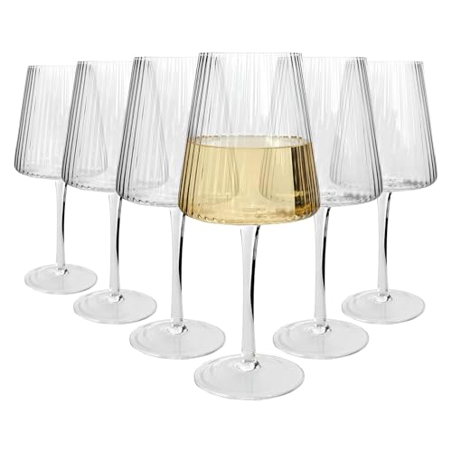 Argon Tableware Chelsea Optic Crystal White Wine Glasses 480ml - Pack of 6, Lead-Free Crystal Wine Glass Set, Art Deco Design with Optic Detail, Tulip Bowl, Gift Boxed Glassware