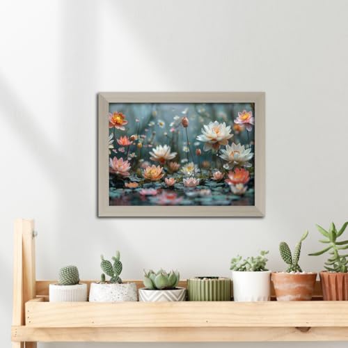 Image of TenorArts Lotus Flowers Photo Frame Vastu Positivity Aesthetic Wall Painting Lucky Art Frames with White Wooden Texture for Living rooms Office Bedroom - Wall Paintings /Hangings (12inches x 9inches)