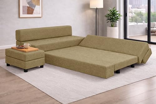 Image of Rosebell 3+2 Convertible Leg Sofa Cum Bed Set with Ottoman Foldable Modular Seating & Sleeper ? Space Saving Living Room Furniture Jute Fabric-Golden