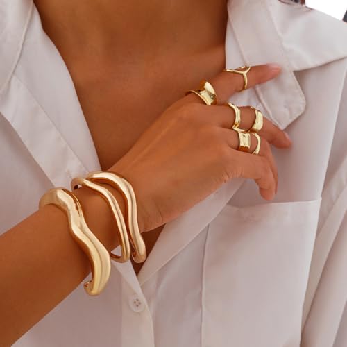 Gold Bangle Bracelets Set for Women Open Cuff Chunky Waterproof Multi-layer Cross Wire Open Bangles Hollow Wide Bracelets Set for Woman(3 PCS)4