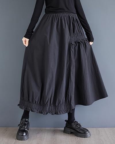 ellazhu Women's Skirt Elastic Waist Solid Two Side Pockets Flowy Ruffle Hem Baggy Loose GZ3233