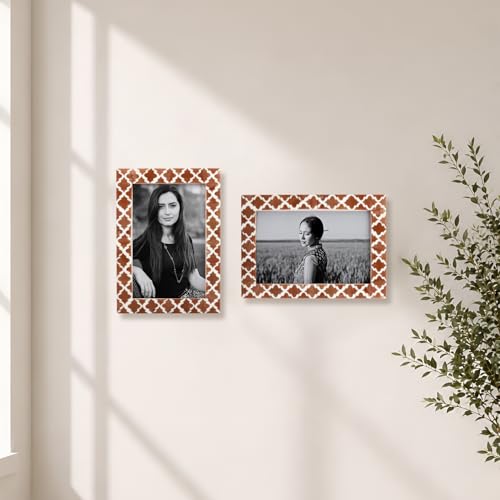 Image of Handicrafts Home Brown & White Vintage Photo Frames for Wall or Tabletop Display, 4x6 Picture Frame Set of 2,Boho Farmhouse Gallery Wall Frame Set, Artisan Handmade Home Decor, Handmade Moroccan Frame