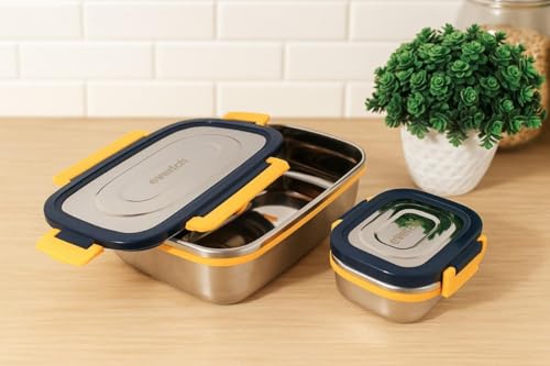 Image of Stainless Steel Lunch Box 1100ml | 4-Side Clip Lock | 100% Leakproof & Airtight Tiffin Box | Steel Lunch Box for Office & Kids | Blue-Yellow