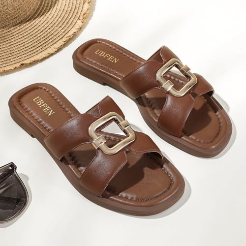 Image of UBFEN Womens Square Toe Flat Sandals Slides Dressy Comfortable for Beach