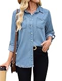 Denim Button Down Shirt Women Casual Long Sleeve Jean Collared Chambray Shirt Blouse Tops with Pockets