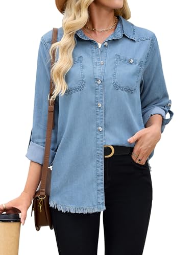 Denim Button Down Shirt Women Casual Long Sleeve Jean Collared