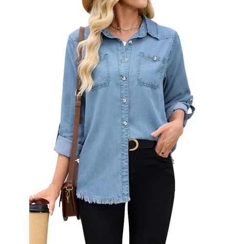 Denim Button Down Shirt Women Casual Long Sleeve Jean Collared Chambray Shirt Blouse Tops with Pockets Light Blue Small