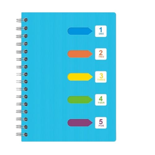 Xinlon Blau Notizbuch Register A5, Notizbuch Register Schreiben, Hardcover Spiralblock, Vielseitig Büro Notizbuch, mit 5 Fächern 150 Kariert Gelocht Notizblock, FüR Tagebuch Skizzen Planer Aufgaben
