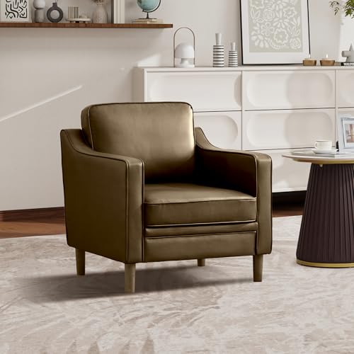Image of Kingfun Accent Chair, Living Room Chairs, Faux Leather Reading Armchair, Mid Century with Solid Wood Foot, Upholstered Modern Decor for Bedroom, Apartment