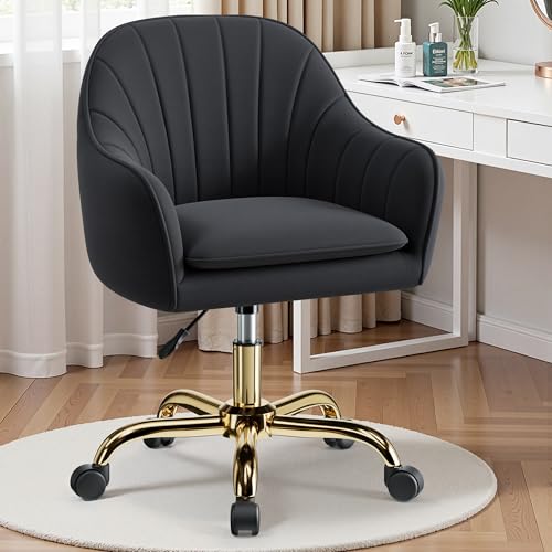 Image of Vanity Chair with Wheels, Comfy Home Office Desk Chairs Adjustable Modern Velvet Makeup Vanity Chairs for Bedroom Living Room-Black