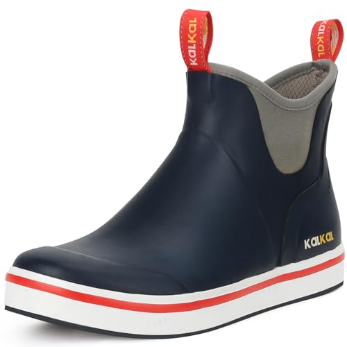 Kalkal Men's Deck Boots Anti-Slip Saltwater Fishing Rain Boots with Memory Foam, Waterproof Rubber Ankle Work Boots for Sailing (Size 7-14)