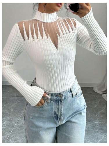 Image of MakeMeChic Women's Mesh Mock Neck Sweater Long Sleeve Rib Knit Fitted Pullovers White Large