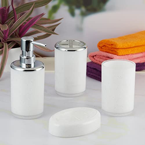Image of Kookee Acrylic Bathroom Set - Stylish 4 Piece Bath Accessories Kit with Soap Dispenser, Toothbrush Holder, Tumbler & Soap Dish - Modern & Designer Decor for Home & Guest Bathrooms (10050)