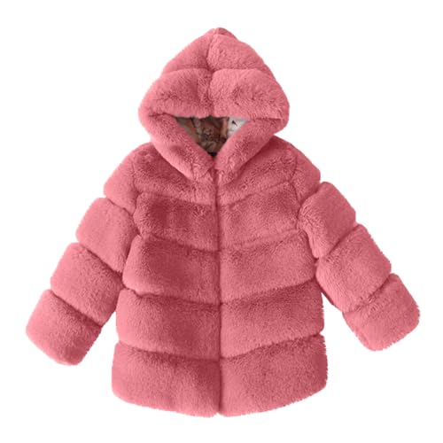 AMhomely Girls Faux Fur Coat-Hooded Fluffy Cardigan Kids-Shaggy Short Coat,Artificial Fur,Solid,Thick,Overcoat,Parka,Winter Fuzzy Jackets for Children 3-14 Years Outdoor A Watermelon Red 5-6 Years