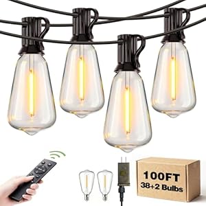 Outdoor String Lights Dimmable Waterproof with Remote, 100FT 38+2 Shatterproof ST38 Edison LED Bulbs Hanging Outside Light for Patio, Backyard, Porch, Deck, Balcony, Garden