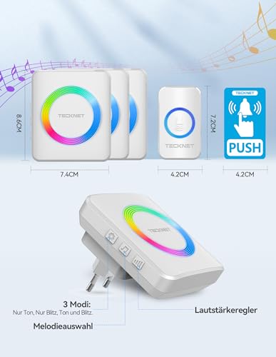 TECKNET Funkklingel, Kabellose Türklingel IP65 Wasserdicht Außen Funkklingel, 400m Reichweite, Funk klingel Set mit 3 Plug-In-Empfänger und 1 Sender, Haustür Klingel mit 60 Melodien und RGB Licht
