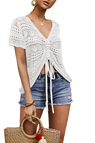 Image of Saodimallsu Womens Boho Off Shoulder Sheer Crop Tops Bell Sleeve Flowy Oversized Crochet Ruched Pullover Sweaters