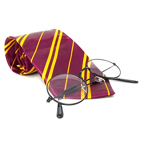 Skeleteen Wizard Glasses And Tie - Maroon And Gold Dress Up Tie And Black Round Glasses Set - 1 Pair #TOP4