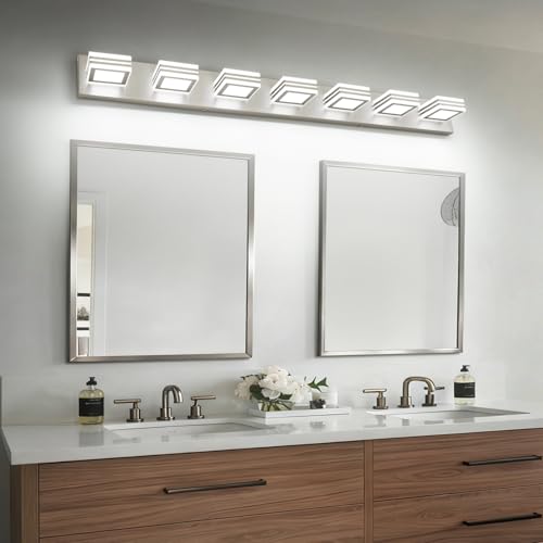 Image of SOLFART LED Modern Vanity Lights Fixtures - 7 Lights Acrylic Brushed Nickel Modern Bathroom Wall Light Over Mirror 46inch