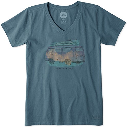 Life is good Women's Crusher Vee Engraved Seas Van T-Shirt (Pacific Blue)