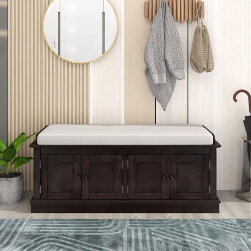 GDFStudio Rustic Storage Bench with 4 Doors and Adjustable Shelves