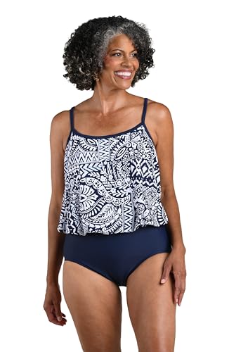 Maxine of Hollywood Women's Scoop Neck Faux Tankini One Piece Swimsuit, Indigo, 8