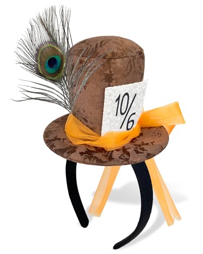 Mini Top Hat Headband with Feathers for Women Vintage Tea Party Fascinator Halloween Cosplay Costume Accessory Carnival Dress Up & Themed Event Headpiece Brown