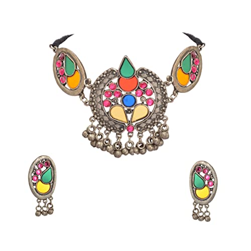 Zephyrr Elegant Silver Oxidised Choker Necklace Set With Mirror Work And Ghungroos For Women & Girls (Jan-2471) #TOP6