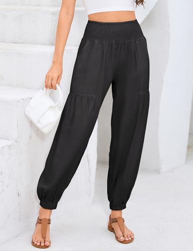 Yesfashion Women's Smocked Waist Harem Pants High Waist Loose Casual Lounge Trousers with Pockets Black — view 2