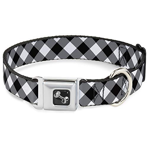 Collier de chien Buckle Down imprimé diagonal tartan noir et blanc en os solide taille S - 2