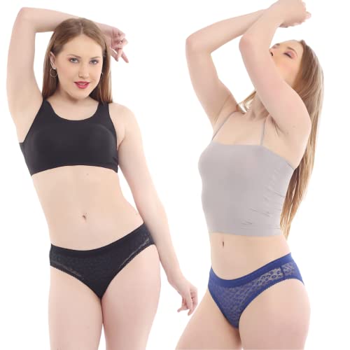 Image of Pack of 2 Women Bikini Blue & Black Lace Net Panty (PP-12MBLDB-P)